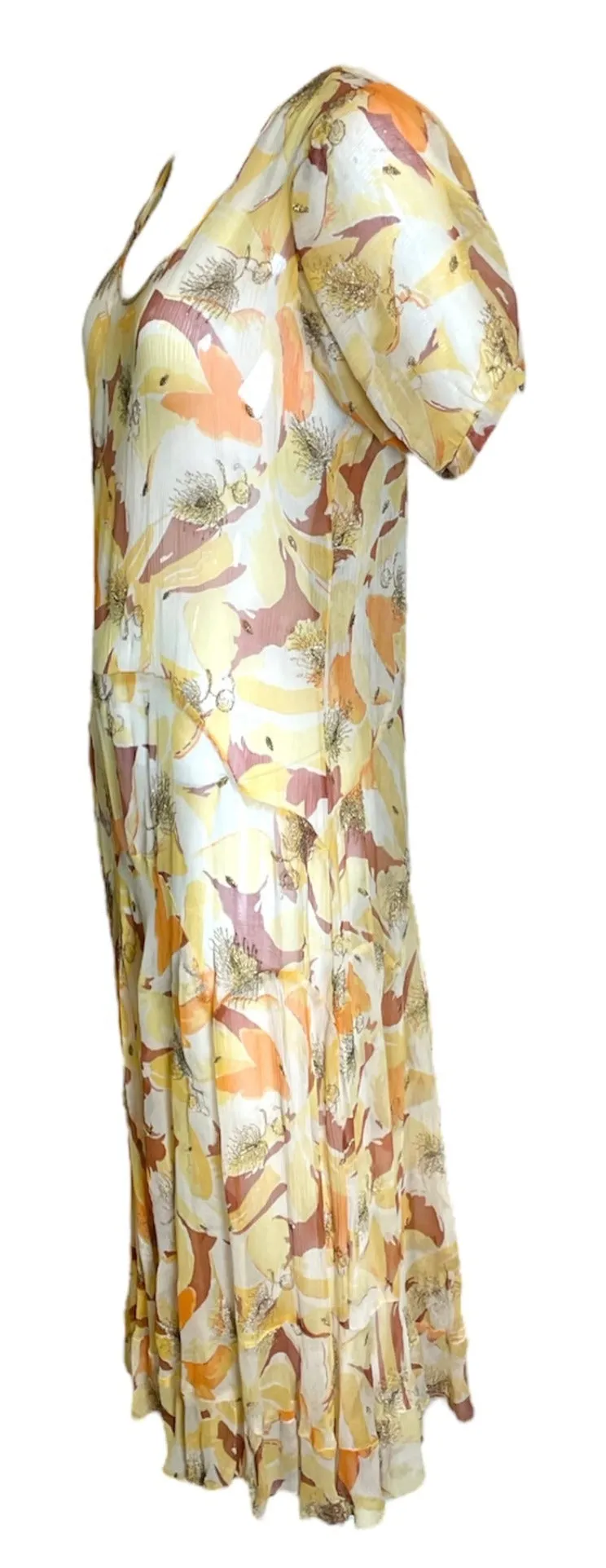 1930s Pale Yellow and Ivory Chiffon Bias Cut Gown with Metallic Embroidery