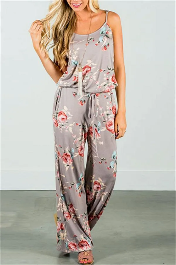 Casual Lace Up Floral Print Jumpsuit