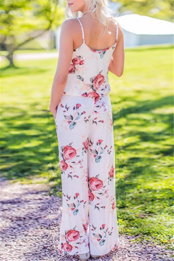 Casual Lace Up Floral Print Jumpsuit