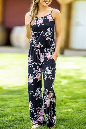 Casual Lace Up Floral Print Jumpsuit