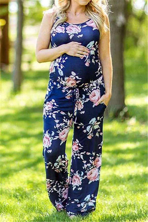 Casual Lace Up Floral Print Jumpsuit