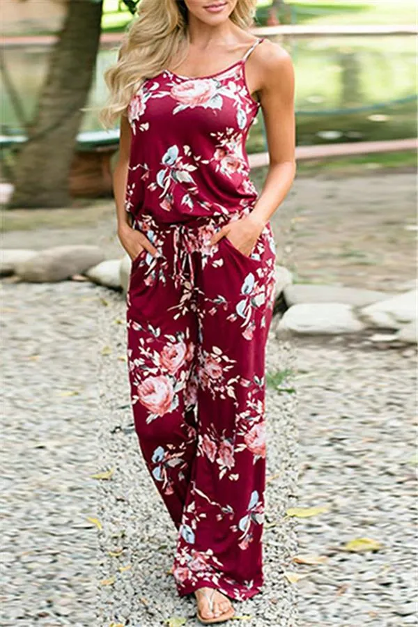 Casual Lace Up Floral Print Jumpsuit