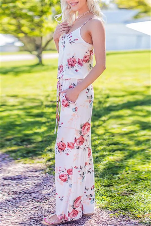 Casual Lace Up Floral Print Jumpsuit