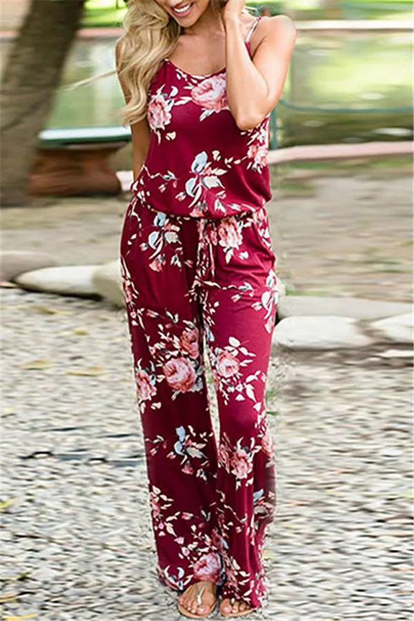 Casual Lace Up Floral Print Jumpsuit