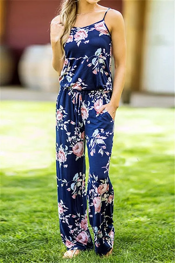 Casual Lace Up Floral Print Jumpsuit