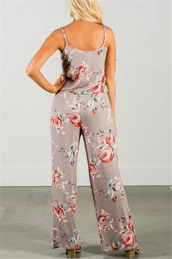 Casual Lace Up Floral Print Jumpsuit