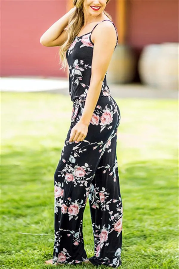 Casual Lace Up Floral Print Jumpsuit