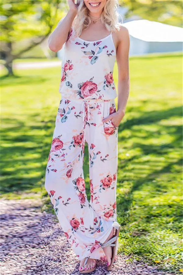 Casual Lace Up Floral Print Jumpsuit