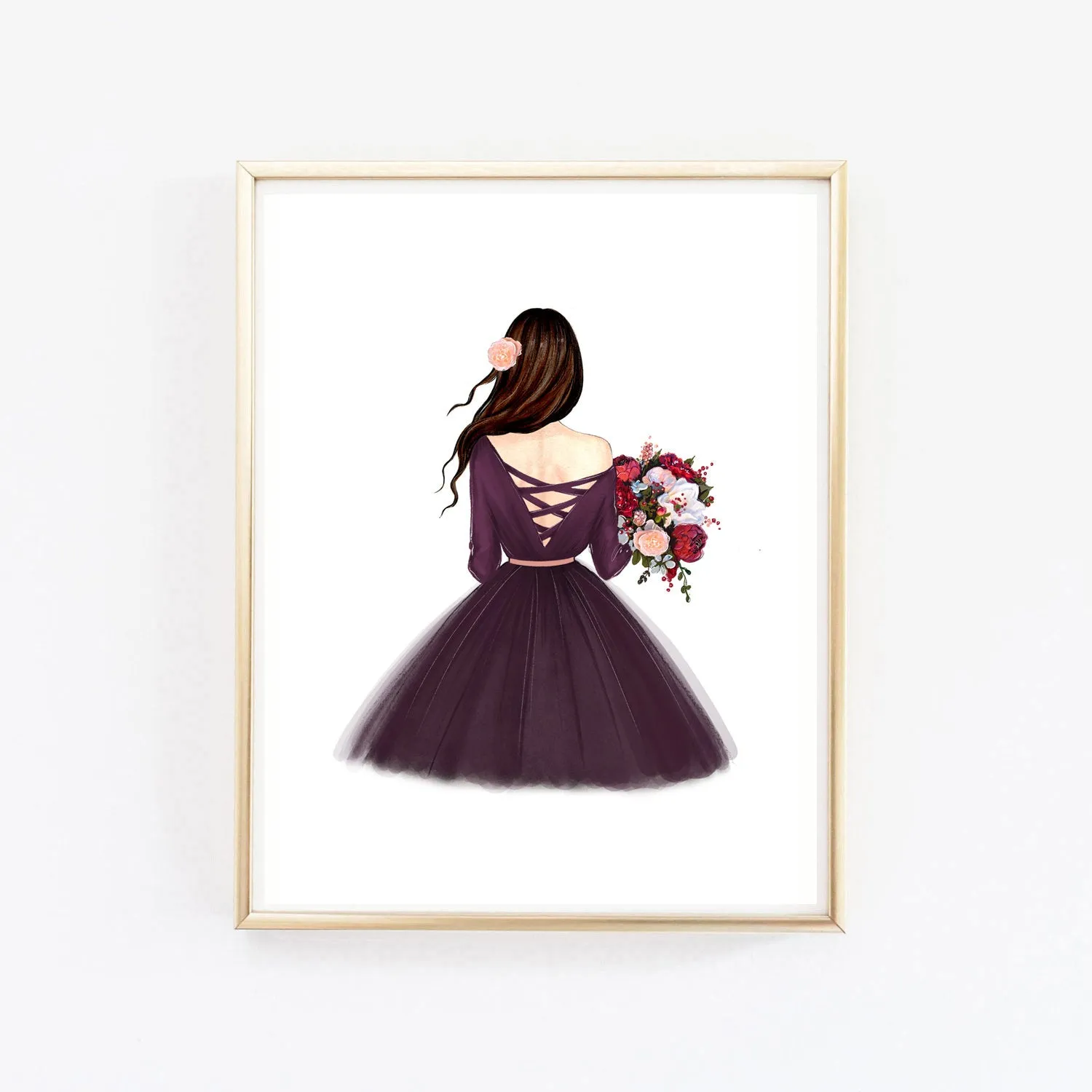 Fall fashion illustration art print of a lady with autumn bouquet.