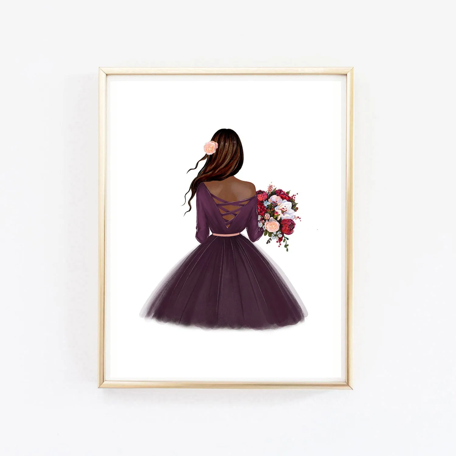 Fall fashion illustration art print of a lady with autumn bouquet.