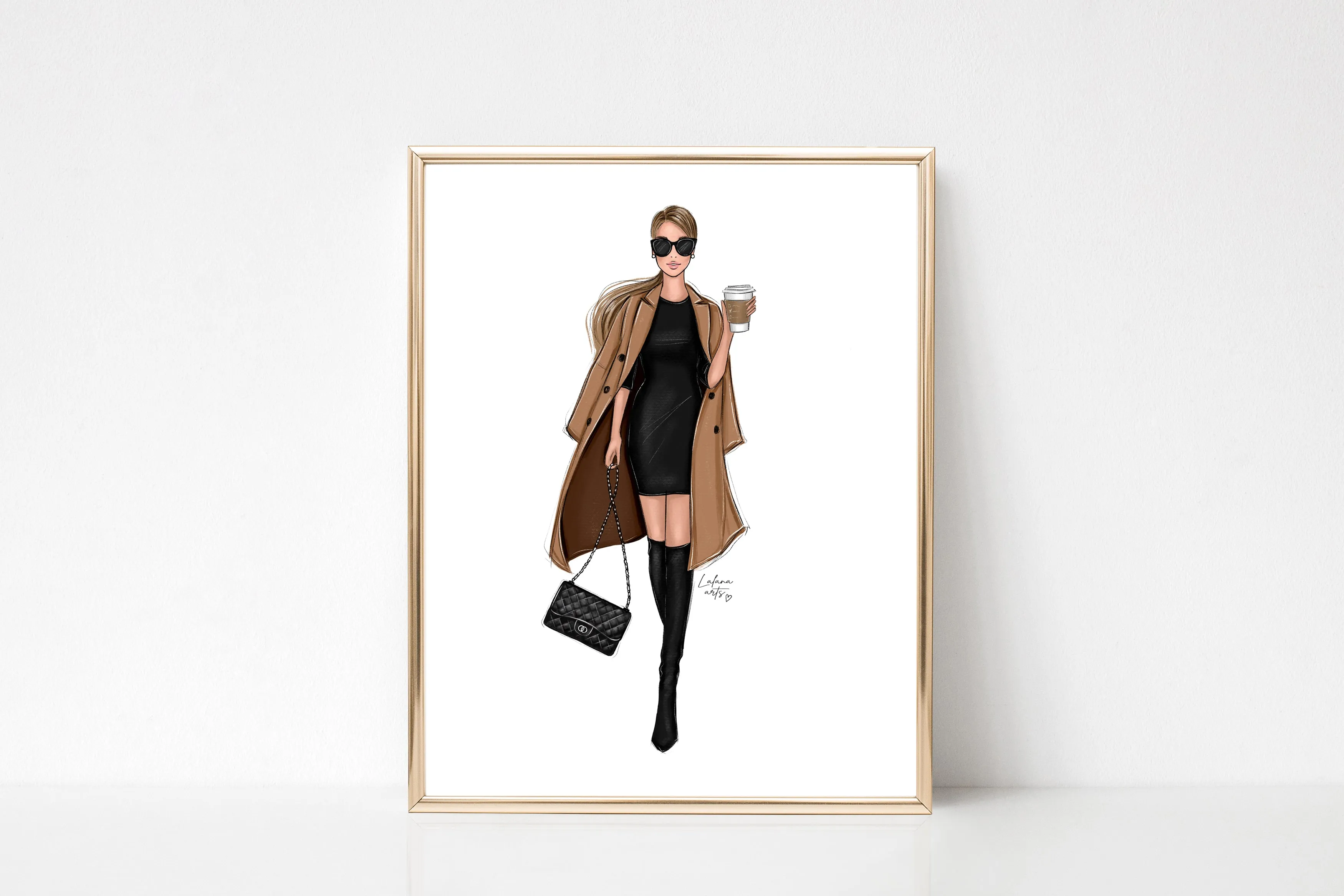 Fall outfit girl with coffee art print fashion illustration