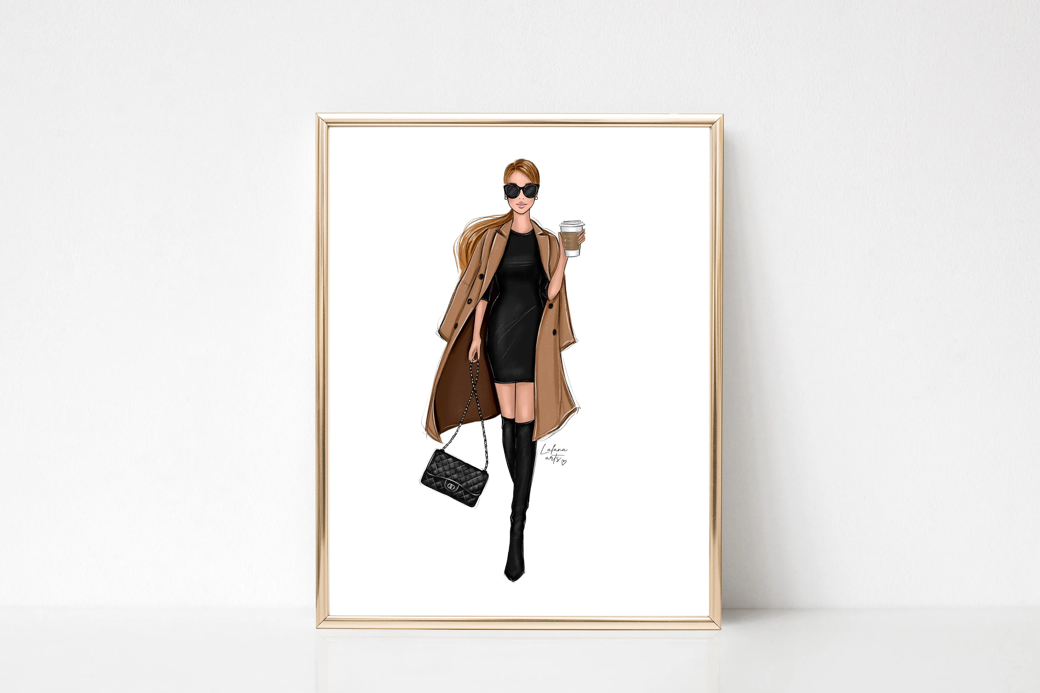 Fall outfit girl with coffee art print fashion illustration