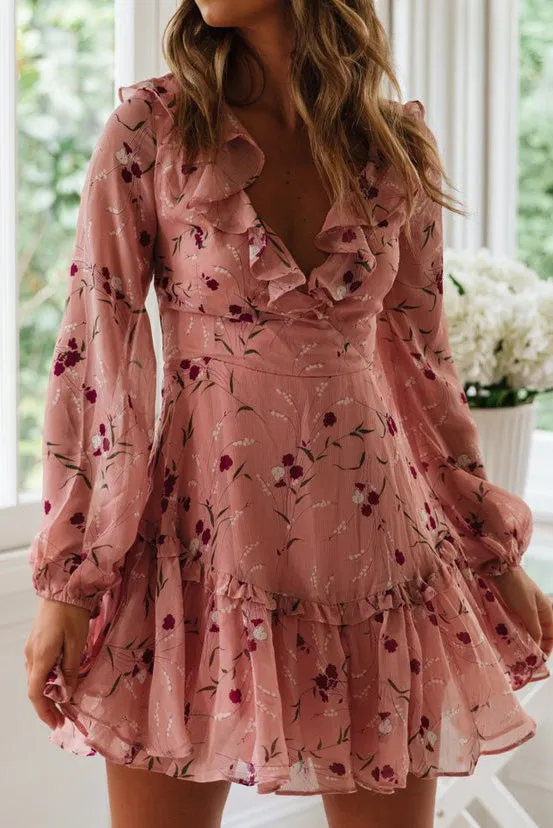 Floral Ruffles Crisscross Lace-up Chiffon Dress