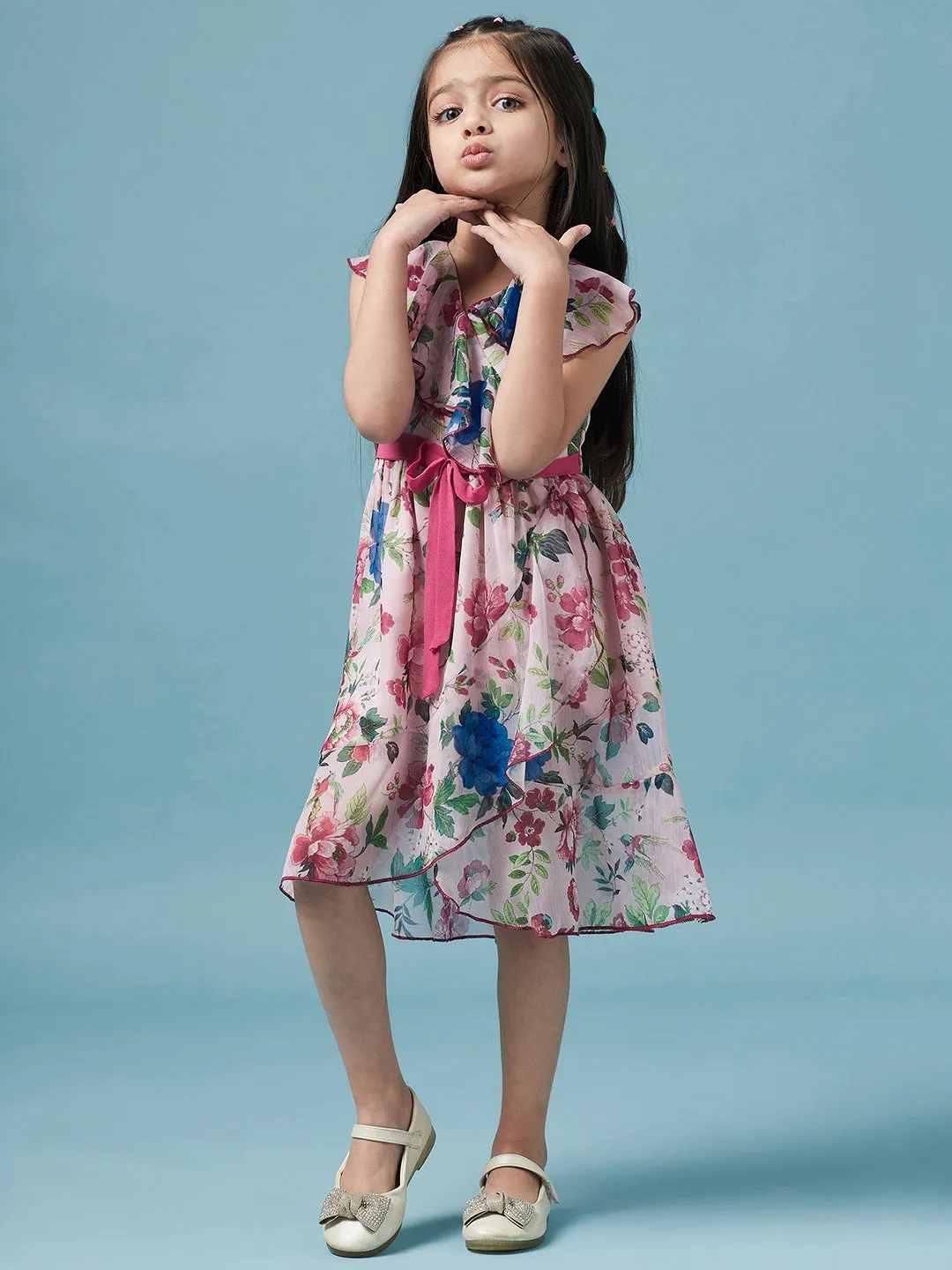 Girls Floral Printed V Neck A-Line Dress - Ps Peaches