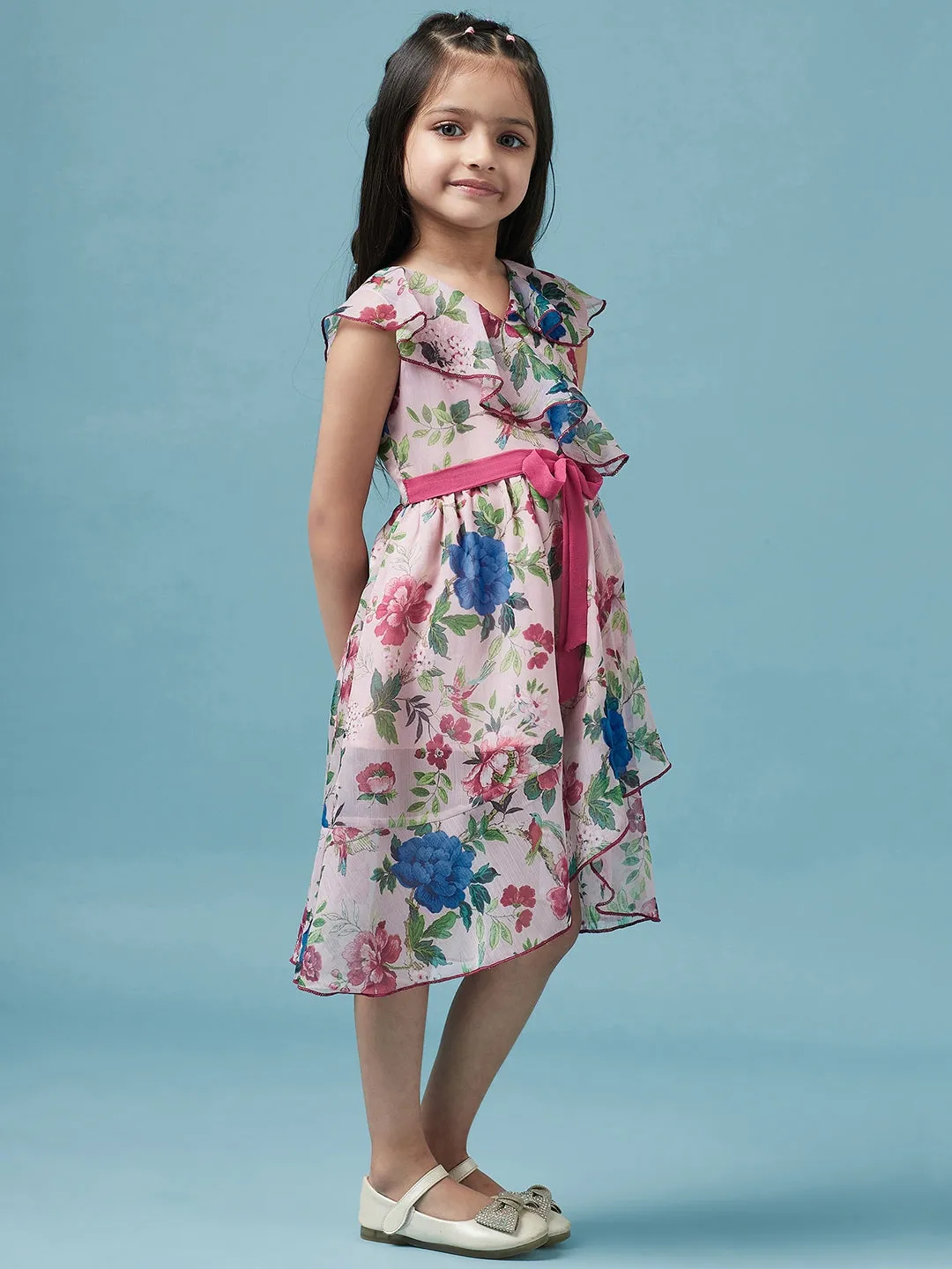 Girls Floral Printed V Neck A-Line Dress - Ps Peaches