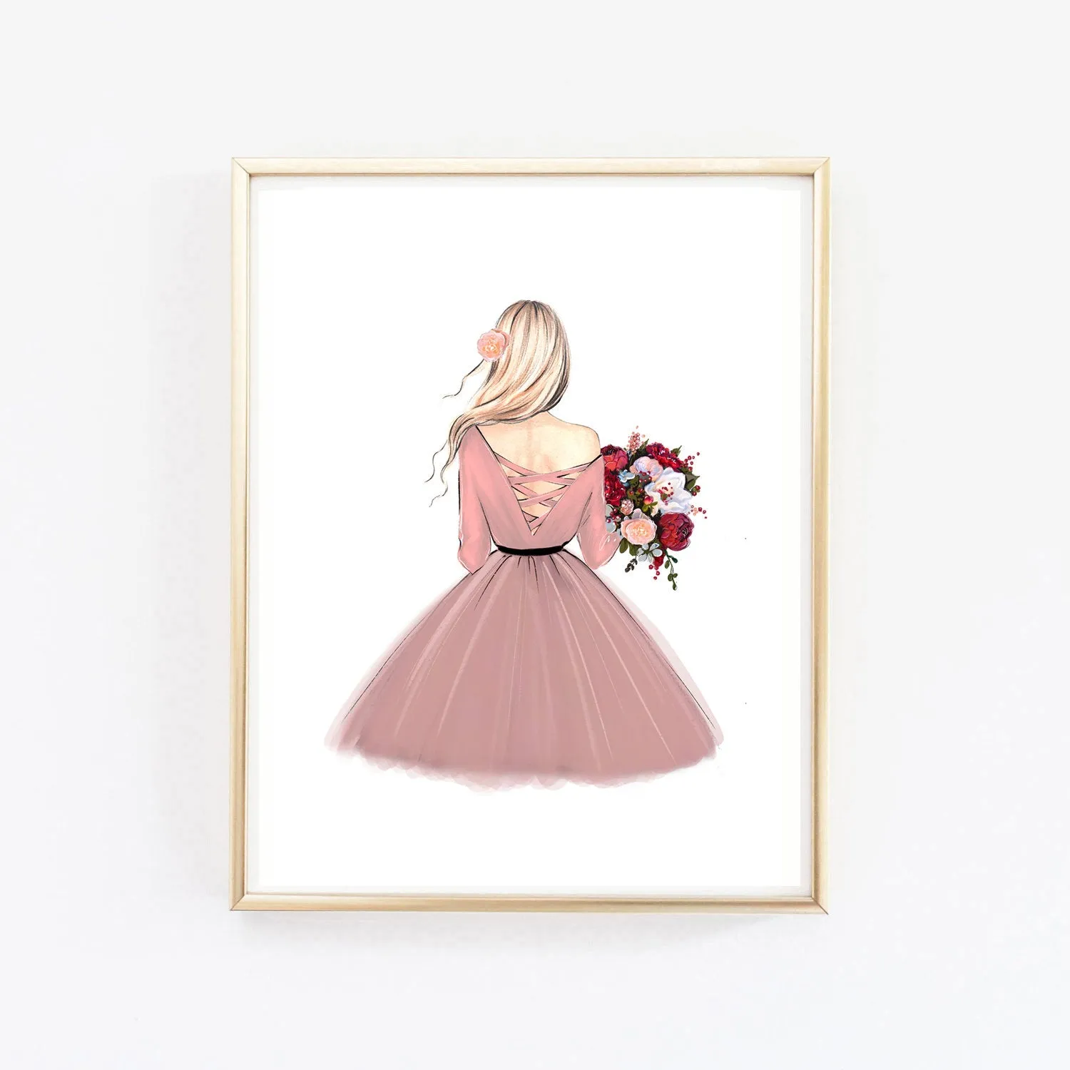 Lady with autumn bouquet art print fashion illustration