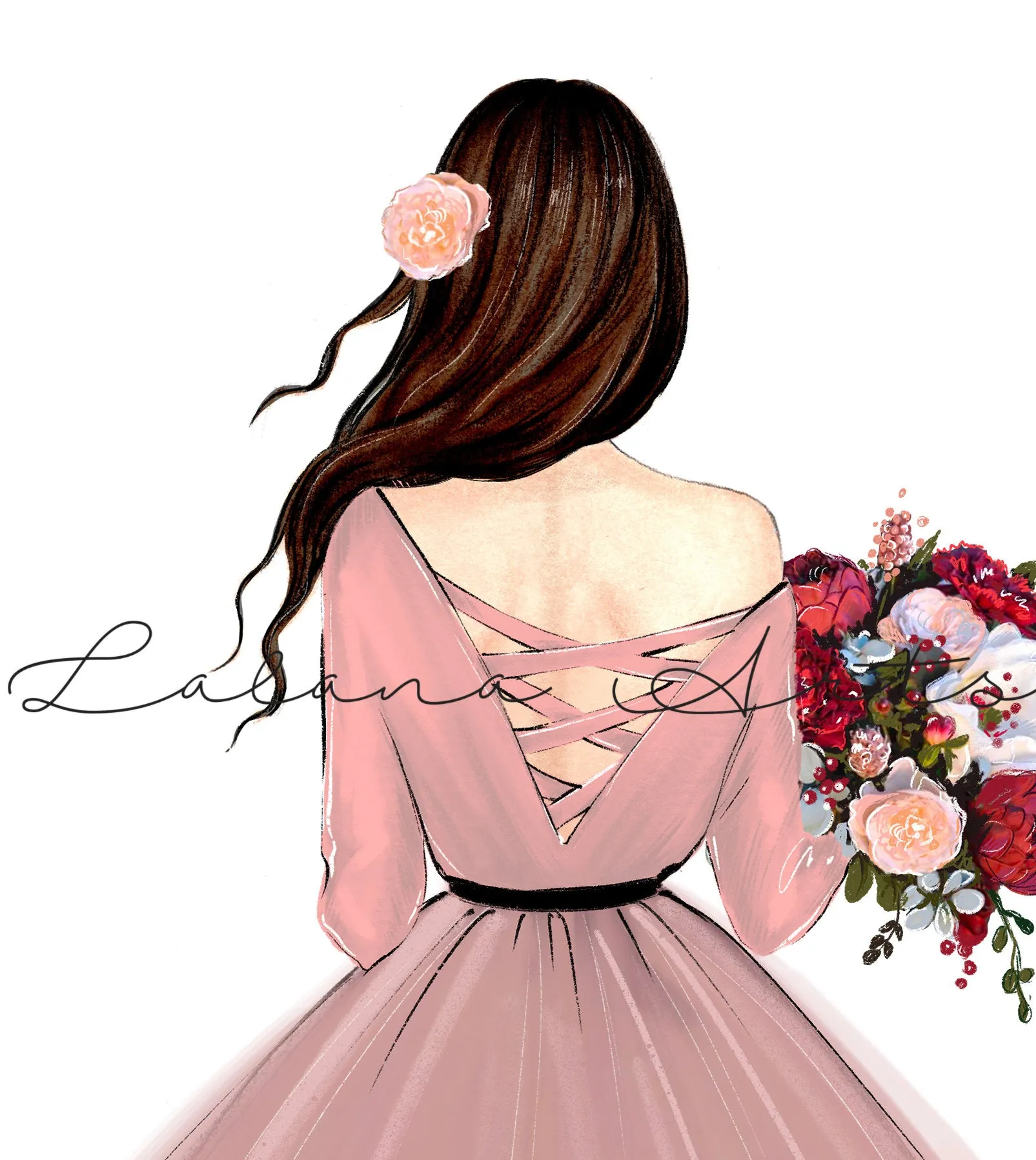 Lady with autumn bouquet art print fashion illustration