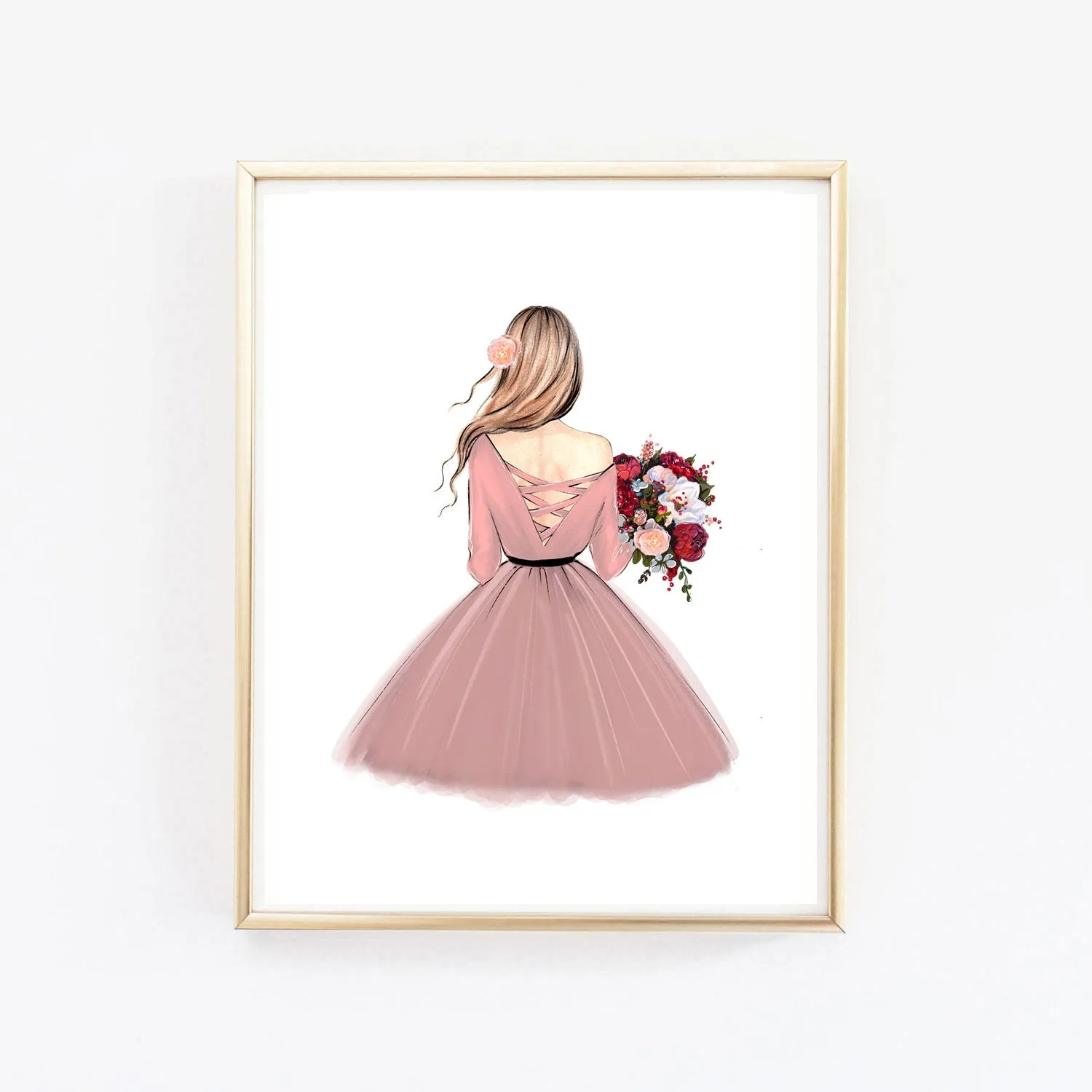 Lady with autumn bouquet art print fashion illustration