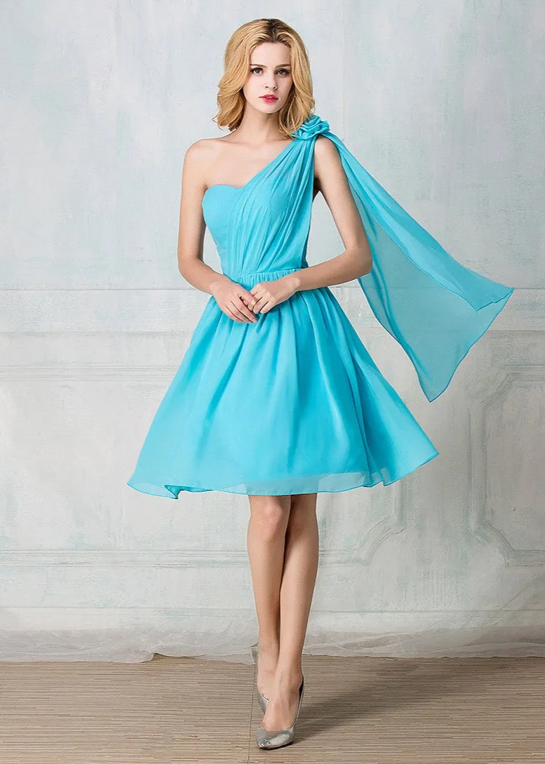 One-shoulder cocktail-length chiffon short prom dress