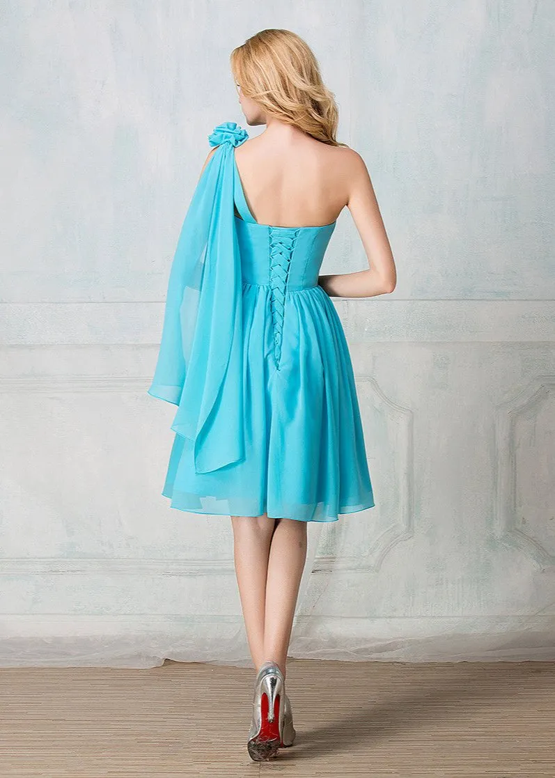 One-shoulder cocktail-length chiffon short prom dress