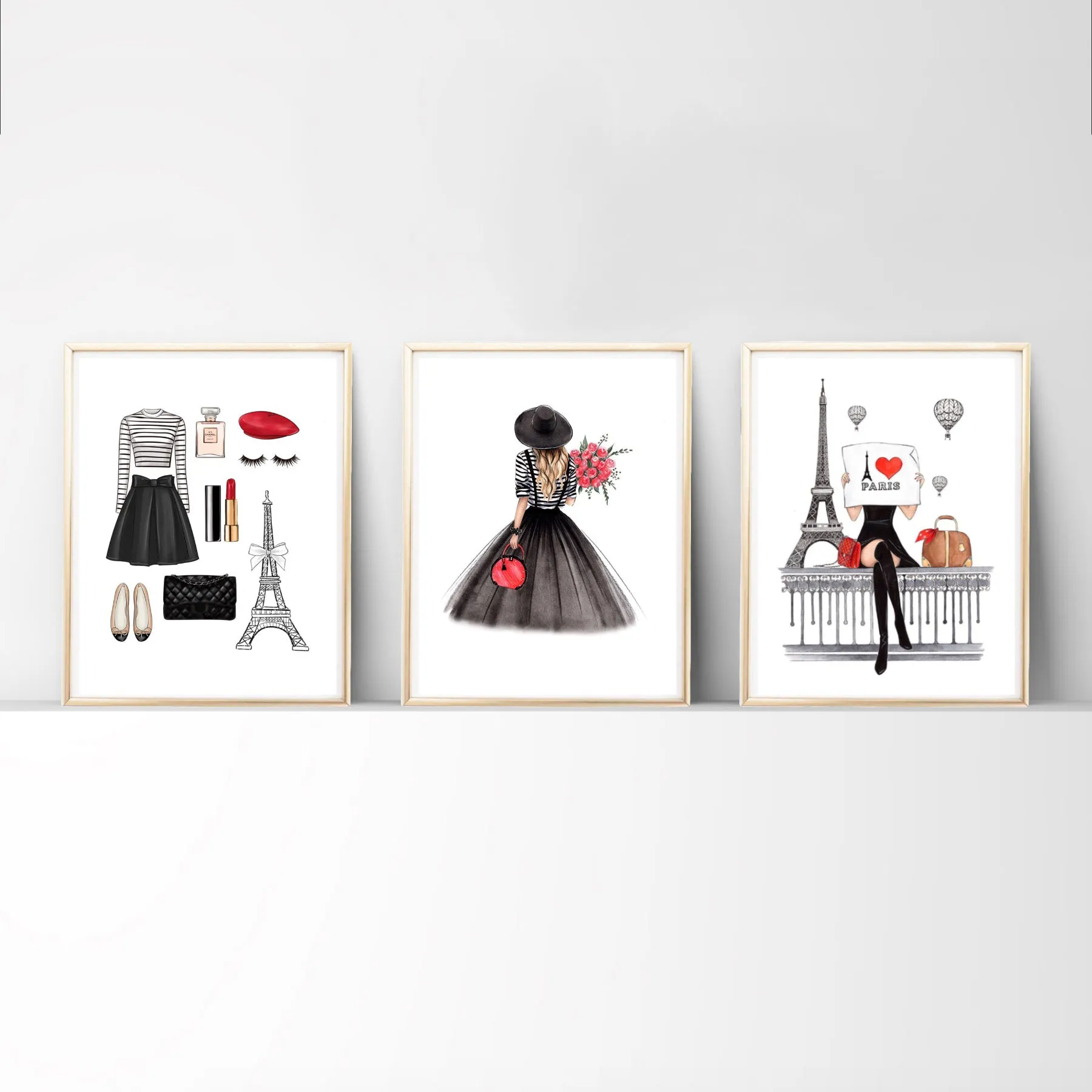 Paris inspired Set of 3 wall art prints fashion illustrations