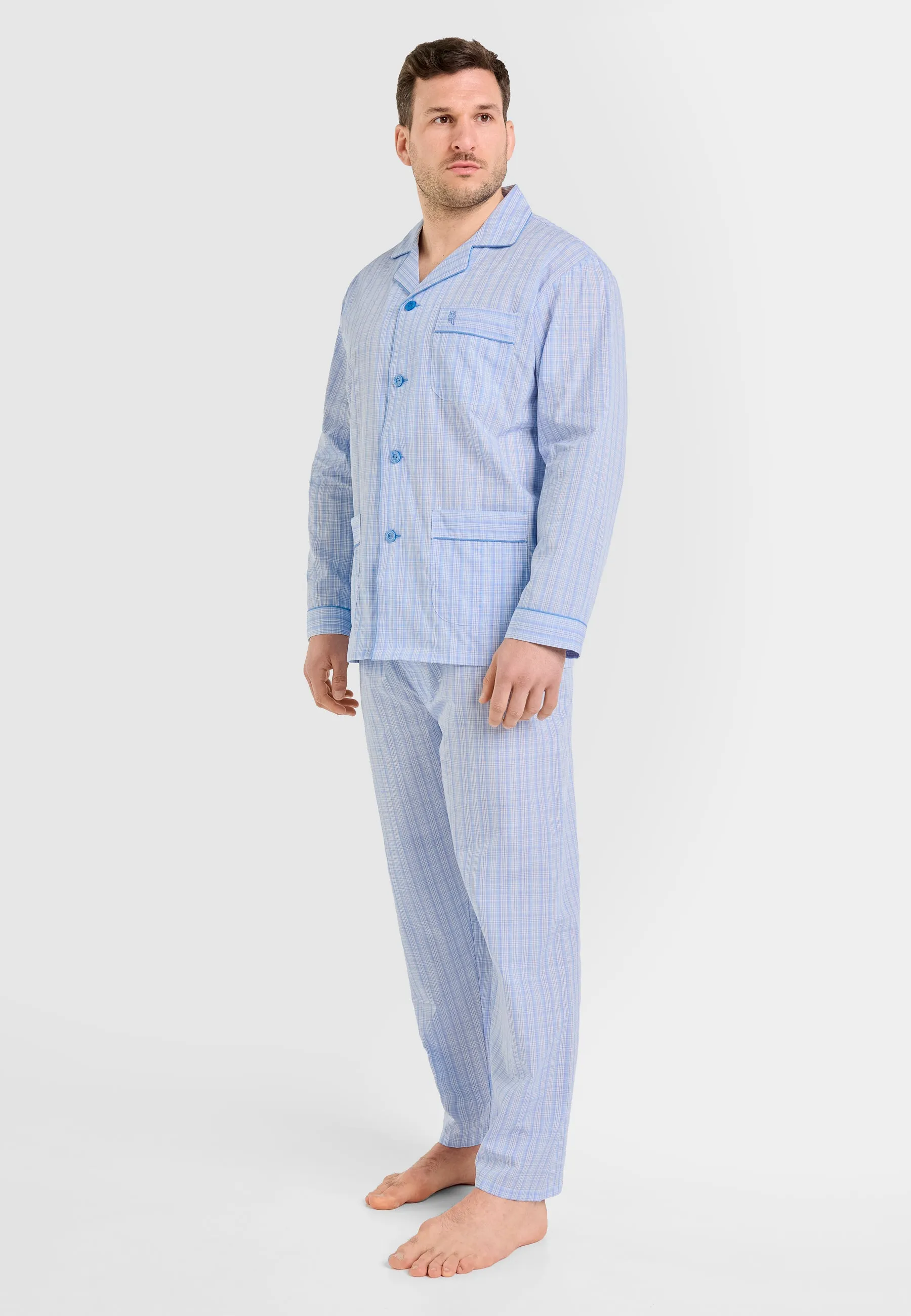 Pijama Hombre Largo Solapa Popelín Cuadros - Azul 1526_30