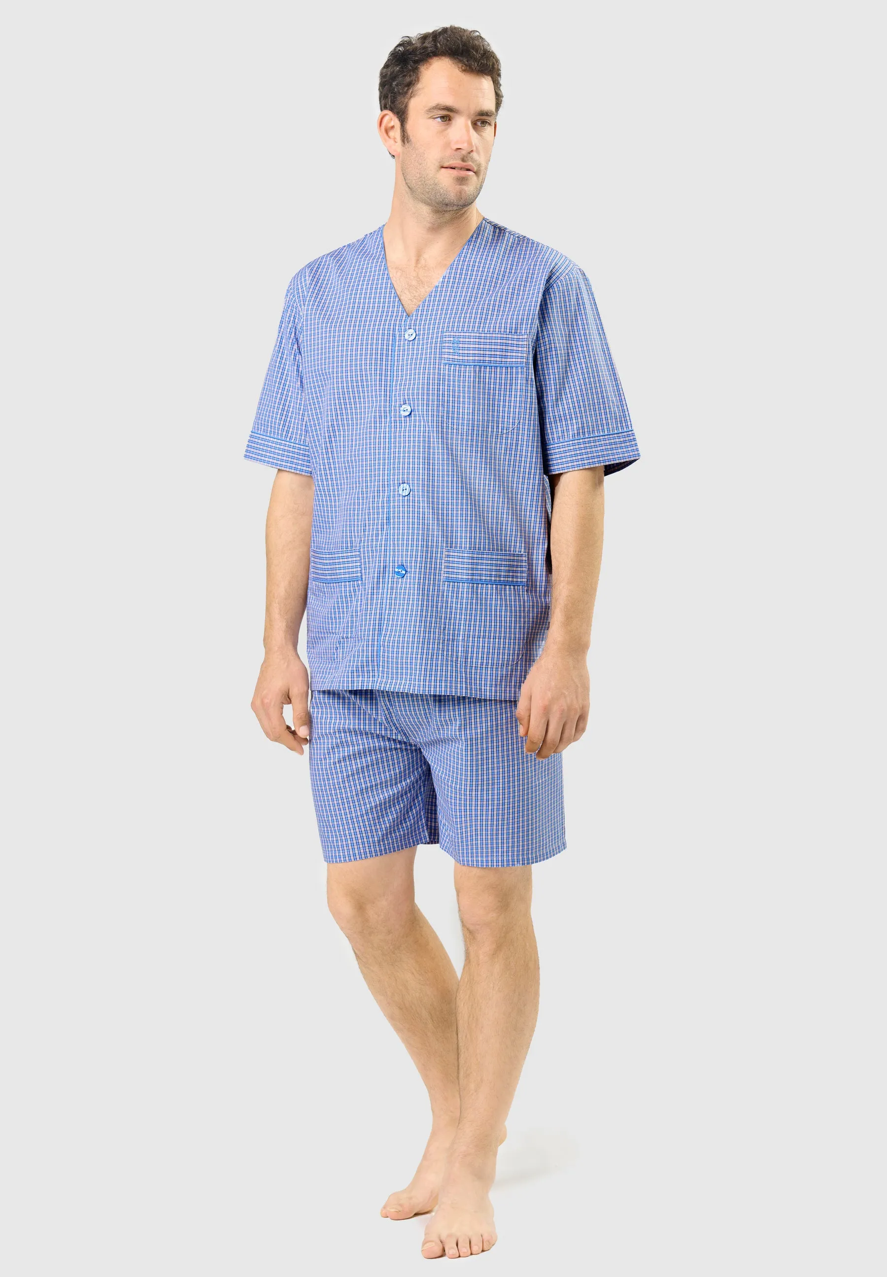 Pijama Hombre Verano Corto Judo Algodón Popelín Cuadros - Azul 4535_30