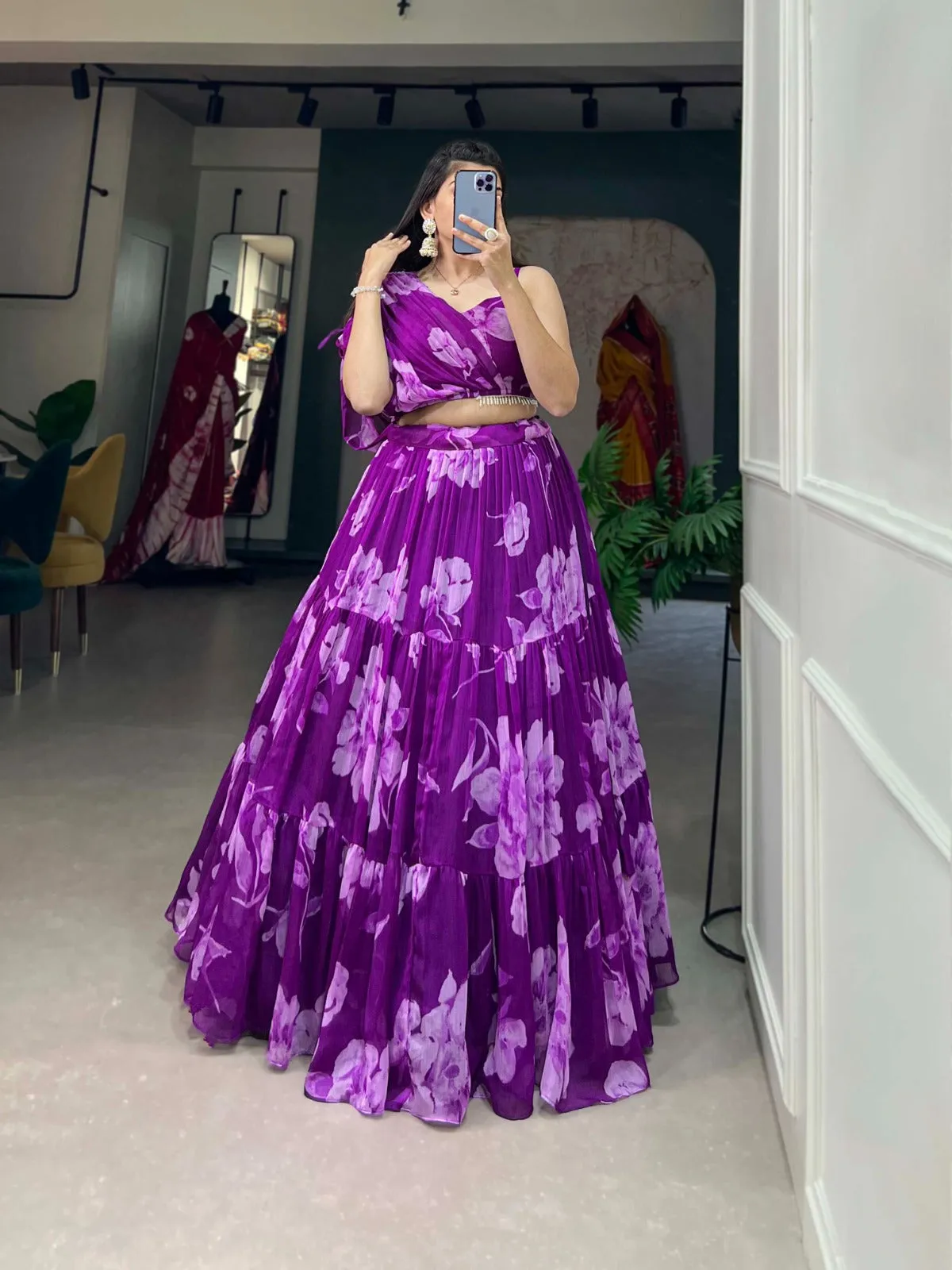 Purple Floral Chiffon Lehenga Co-ord Set