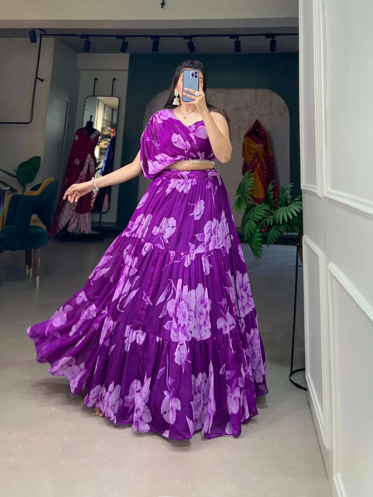 Purple Floral Chiffon Lehenga Co-ord Set