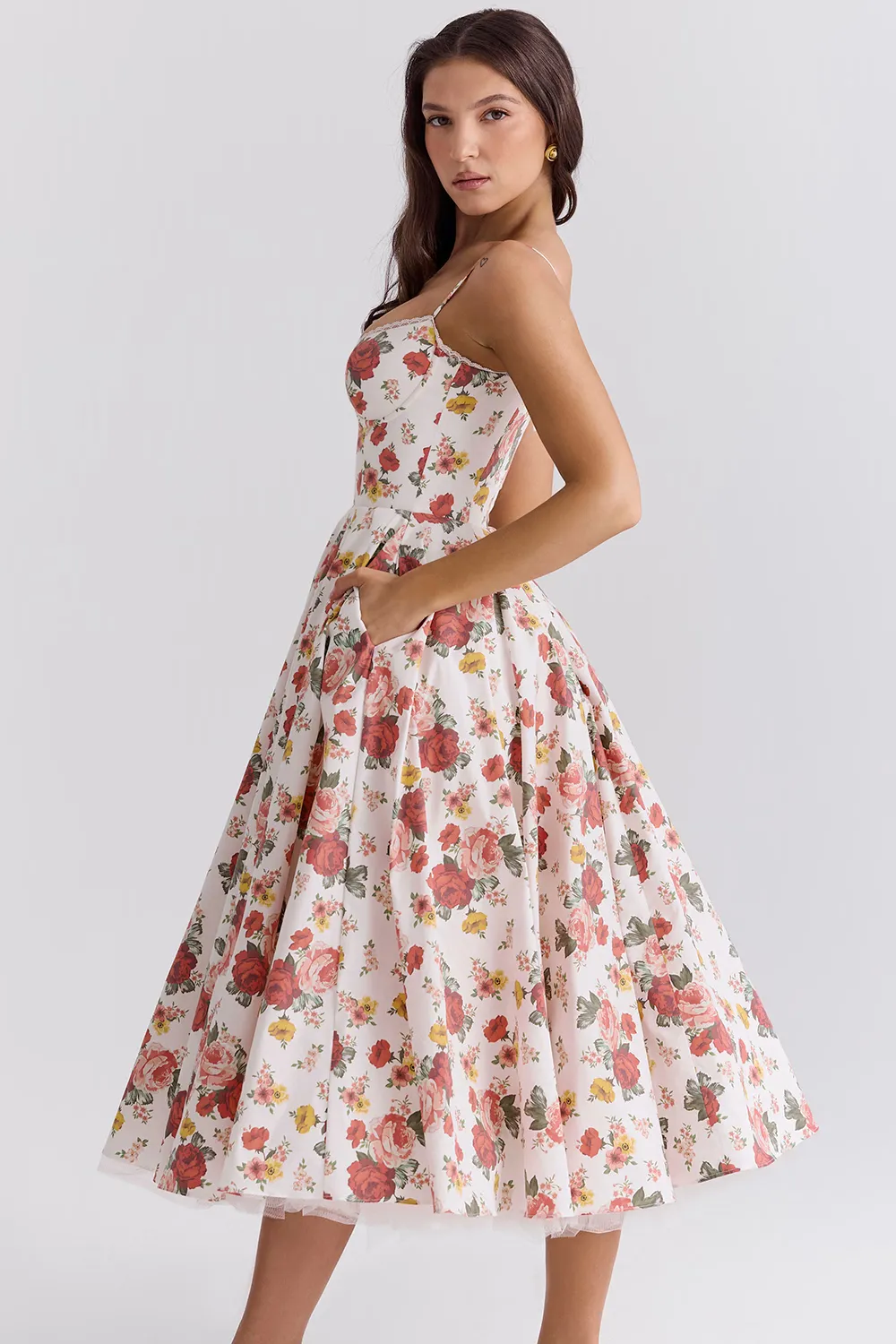 Vestido Midi Floral Modelador Com Forro em Tule Modelo Mademoiselle