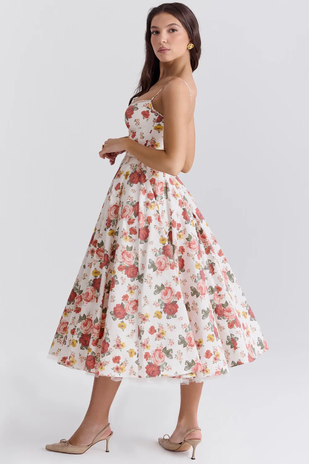 Vestido Midi Floral Modelador Com Forro em Tule Modelo Mademoiselle