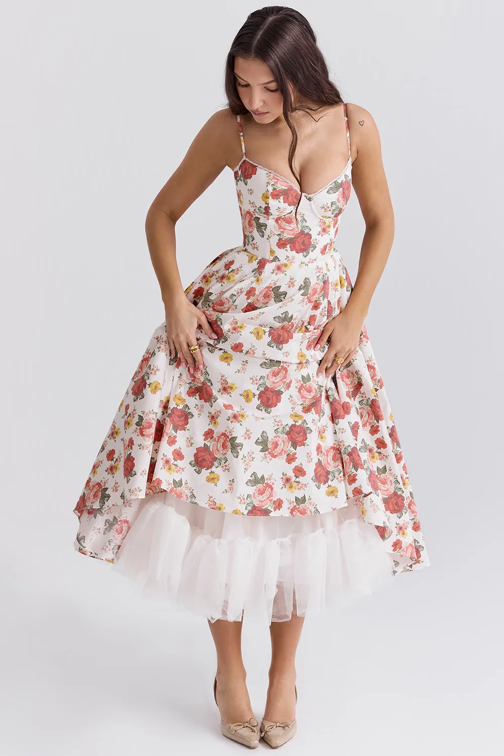 Vestido Midi Floral Modelador Com Forro em Tule Modelo Mademoiselle