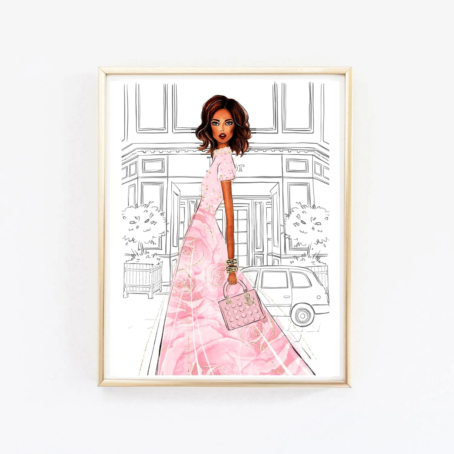 Watercolor romantic fashion wall art of girl in gown pink floral dress