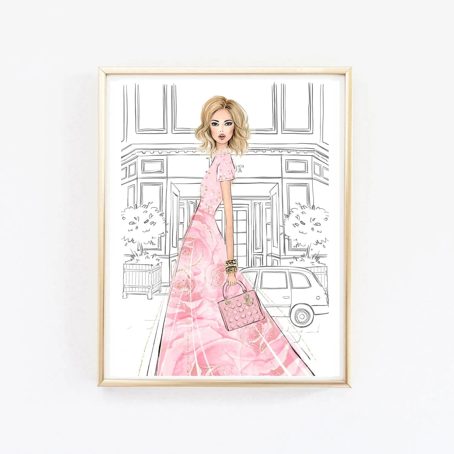 Watercolor romantic fashion wall art of girl in gown pink floral dress