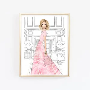 Watercolor romantic fashion wall art of girl in gown pink floral dress