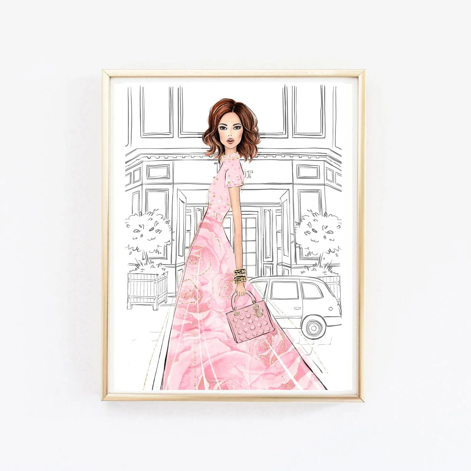 Watercolor romantic fashion wall art of girl in gown pink floral dress