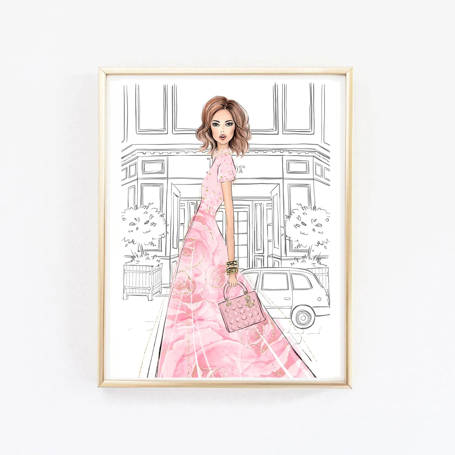 Watercolor romantic fashion wall art of girl in gown pink floral dress